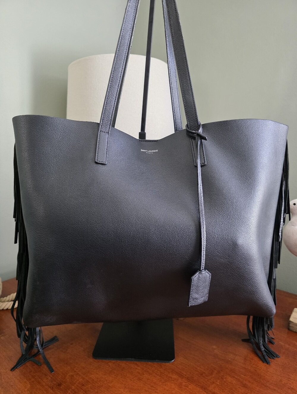 YSL Saint Laurent Paris Black Leather Fringe Tote Bag COA Detachable Pouch Large - Picture 2 of 16